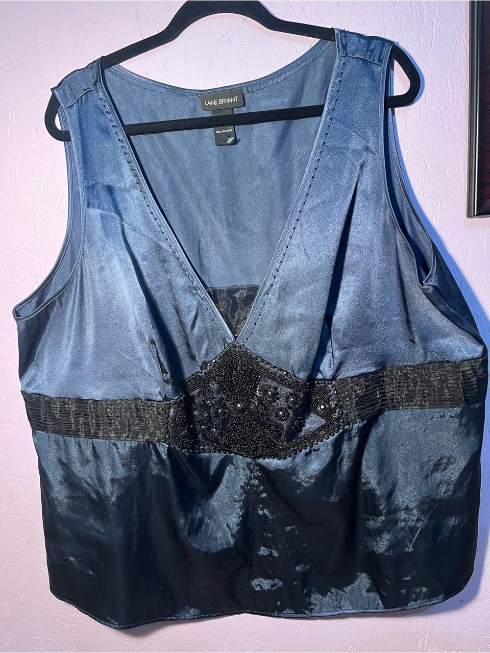 Lane Bryant Blue and Black Satin Beaded V-Neck Tank Top